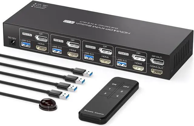 Main image of Jansicotek USB3.0 HDMI+DisplayPort KVM Switch Dual Monitor, 4K@60Hz 2K@120Hz USB HDMI DP Extended Display Switcher for 4 Computers 2 Monitors and 4 USB 3.0 Ports Support Extended & Duplicate Mode