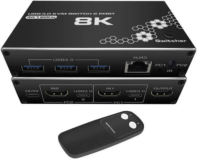 Main image of Jansicotek USB HDMI LAN KVM Switch 2 in 1 Out 4K@120Hz HDMI USB KVM Switch with 2 PCs Share 1 Monitors, 3*USB3.0 and 1*RJ45 Hubs Compatible with Windows and Mac OS X