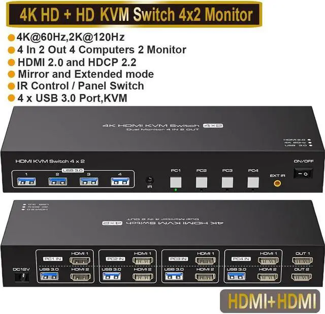 Main image of Jansicotek 4K 2xHDMI KVM Switch 2 Monitors 4 Computers, 4K@60Hz Support Extended & Duplicate Mode with 4 USB 3.0 Hub, 4K HDMI+HDMI+USB KVM Switches, Plug and Play