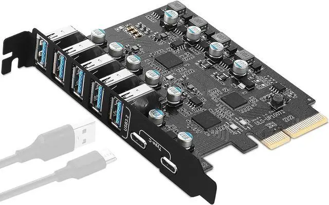 Main image of Jansicotek Pcie USB Card Pcie USB 3.0, 7 Port Pcie Expansion Card 7 Ports USB 3.0 5Gbps High Speed Transmission Stable Power USB 3.0 Front Expansion Card- (2X USB C - 5X USB A)