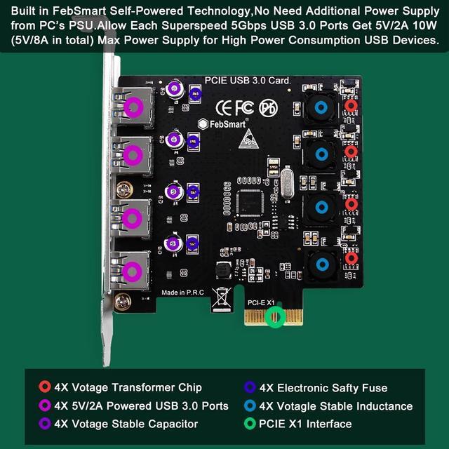 Alt view image 2 of 7 - Jansicotek 4 Ports USB 3.0 PCI Express Card PCIe to 4 Ports, 5Gbps High Speed USB3.0 PCI-EX1 X4 X8 X16 Adapter Converter for Desktop PC, for for XP, for WIN7, for WIN8, for WIN8.1, WIN10