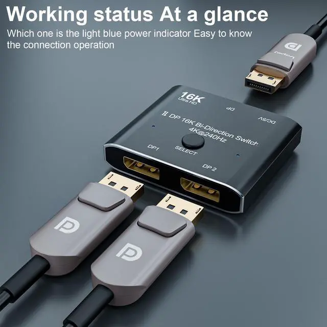 Alt view image 2 of 7 - Jansicotek 16K DisplayPort Switch Splitter 2 Port Bi-Direction DP 2.0 Switcher 16K@60Hz 4K@240Hz, Bidirectional 1in 2 Out(Splitter) or 2in 1out(Switcher), for Switch Multiple Source and Display