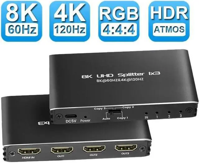 Main image of Jansicotek 1x3 HDMI Splitter 8K, 1 in 3 Out HDMI Splitter Audio Video Distributor Box Support 3D & 8K 4K 120Hz HDCP 2.3 EDID Compatible for HDTV, STB, PS3, PS4 Pro Blu-Ray DVD Player, Projector Etc