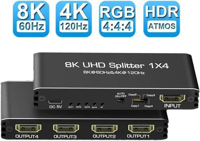 Main image of Jansicotek 4K 120Hz Hdmi Splitter 1x4, HDMI Splitter 1 in 4 Out, HDMI Splitter Supports Full HD1080P 8K and 3D, HDCP 2.3 EDID 48Gbps, RGB 4:4:4 Compatible with Xbox PS4/5 Blu-Ray Player HDTV