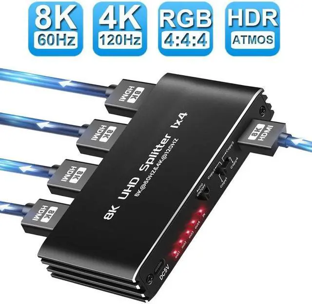 Main image of Jansicotek 4K 120Hz HDMI Splitter 1 in 4 Out, 1x4 Power HDMI Splitter 4 Ports w/AC Adapter, 8K@60Hz 3D Full HD Distributor Support 48Gbps, HDCP 2.3, RGB 4:4:4 for HDTV, STB, DVD, PS5, Projector Etc