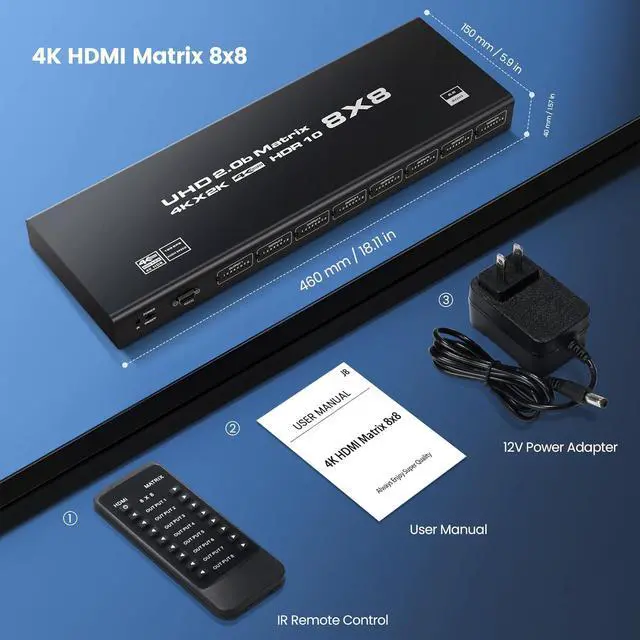Alt view image 6 of 7 - Jansicotek 4K 8x8 HDMI-compatible Matrix Switch Switcher Splitter 8 In 8 Out Box with IR Remote Control Support HDMI2.0 RGB888/YUV444 RS232 Panel Key HDCP2.2 HDR10 3D etc