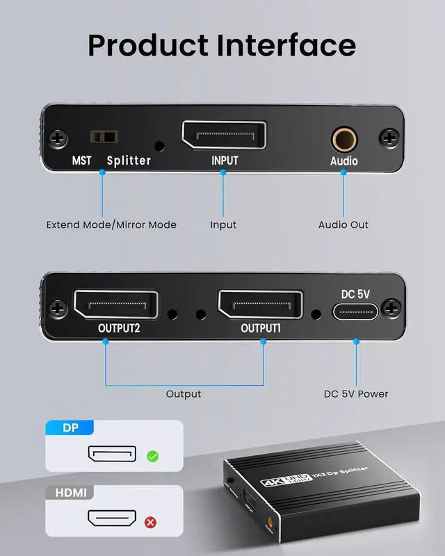 Alt view image 2 of 7 - Jansicotek 4K@144Hz DisplayPort to Dual DisplayPort Splitter Adapter 4K 120Hz 60Hz for Dual Monitor Display, MST Display Port Adapter Extend Display 1 in 2 Out, DisplayPort Hub for Desktop PC Laptop