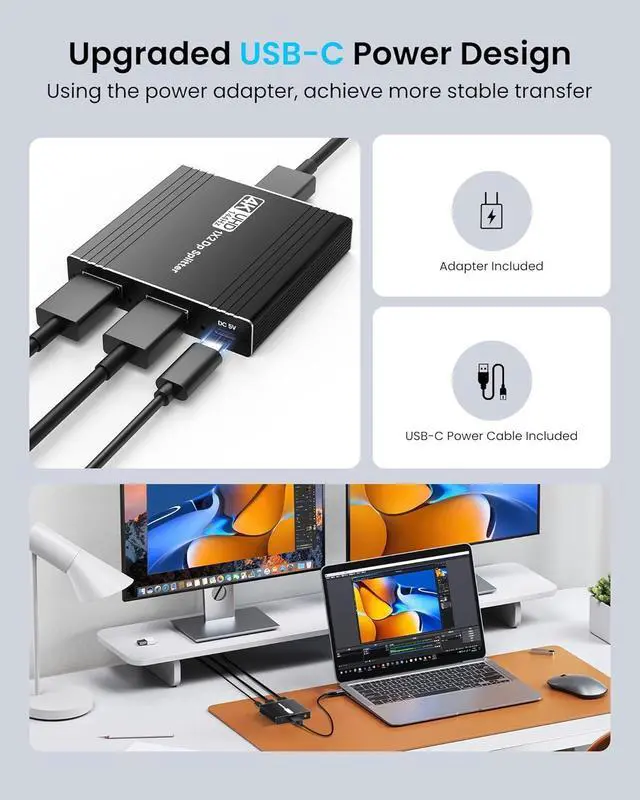 Alt view image 7 of 7 - Jansicotek 4K@144Hz DisplayPort to Dual DisplayPort Splitter Adapter 4K 120Hz 60Hz for Dual Monitor Display, MST Display Port Adapter Extend Display 1 in 2 Out, DisplayPort Hub for Desktop PC Laptop