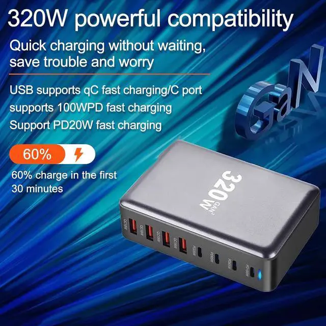 Alt view image 6 of 7 - Jansicotek 8-Prots 320W GaN III 8 Ports USB C Fast Charging Station Hub Mobile Phone Quick Charging Type C Desk GaN Tech Laptop USB C Power Adapter Block for IPhone Samsung