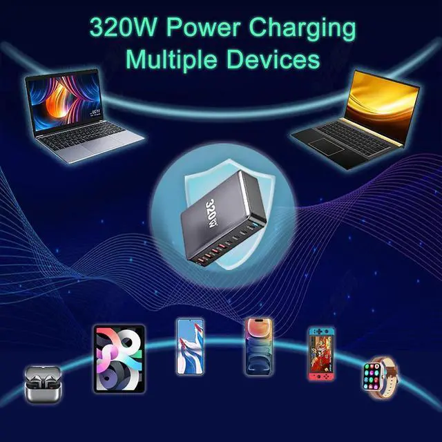 Alt view image 3 of 7 - Jansicotek 320W GaN III Fast Charger 8-Port USB Type C Phone Charger Quick Charge 3.0 Power Adapter, GaN Tech Laptop USB C Power Adapter Block For iPhone 16 15 14 13 Samsung Desk Charger