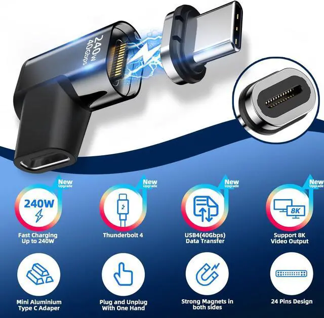 Alt view image 2 of 7 - Jansicotek USB-C Adapter 2 Pack,Detachable USB C Adapter 240W 90 Degree Magnetic USB C Extender, Compatible with Thunderbolt 3/4 USB4 40Gbps 8K 60Hz MacBook Pro/Air Laptop PC