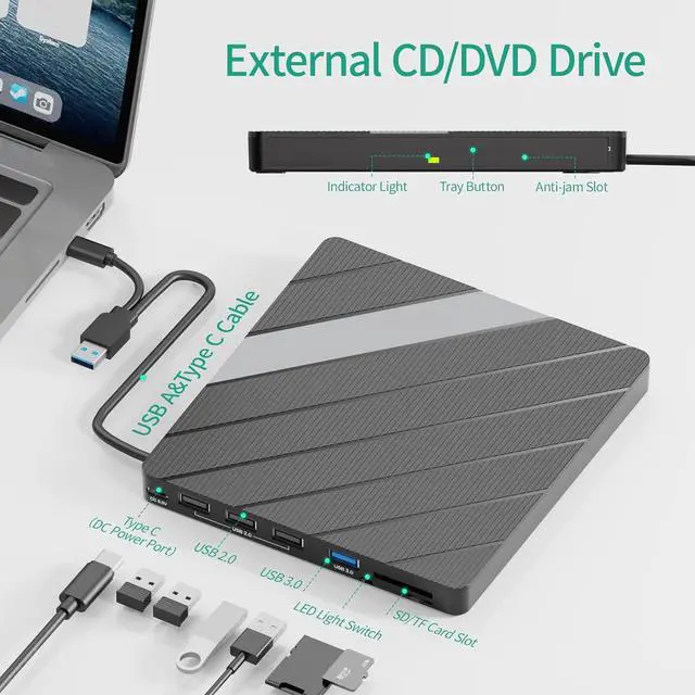 Alt view image 2 of 7 - Jansicotek 8-in-1 External CD/DVD Drive for Laptop, Type-C USB 3.0 Portable CD Player DVD Burner with SD/TF Slot & USB Ports DVD 8X CD 24X Super Fast Speed for Windows/Mac OS/Linux/Vista