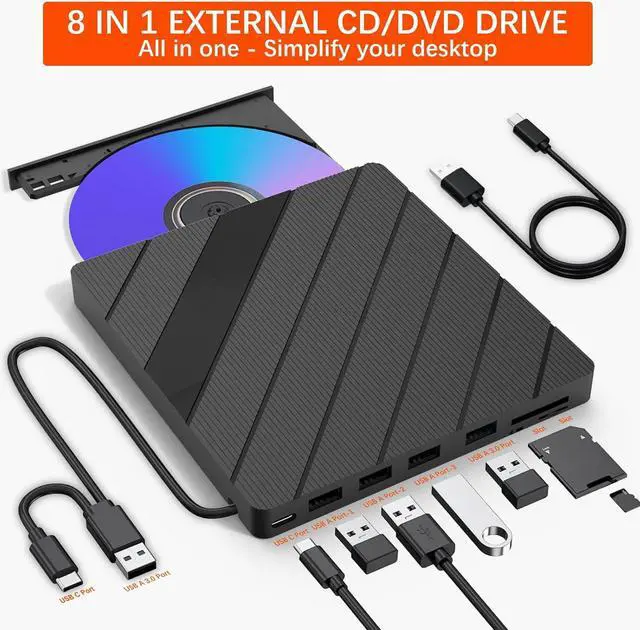 Main image of Jansicotek 8-in-1 External CD/DVD Drive for Laptop, Type-C USB 3.0 Portable CD Player DVD Burner with SD/TF Slot & USB Ports DVD 8X CD 24X Super Fast Speed for Windows/Mac OS/Linux/Vista