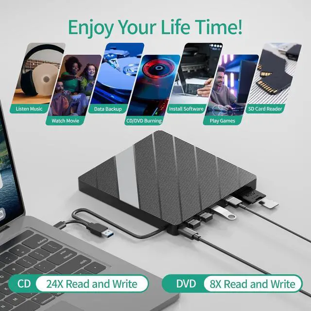 Alt view image 4 of 7 - Jansicotek External CD/DVD Drive 8 in 1,USB 3.0,type-c port,SD/TF Reader Port, Ultra Slim,Portable Optical Disk Drive Player Burner Reader Writer for Laptop Macbook Desktop PC Win 11/10/8 Linux Mac