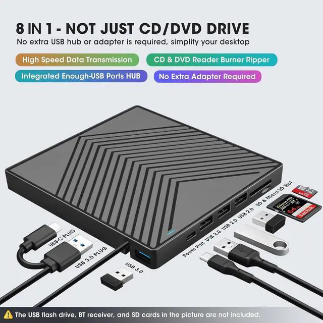 Alt view image 2 of 7 - Jansicotek 8-in-1 External CD DVD Drive, USB3.0/USB C Portable CD DVD Player with SD/TF Card Reader USB Hub CD ROM Burner Reader Supports Windows11/10/8.1/8/7, Linux, PC Mac MacBook Windows