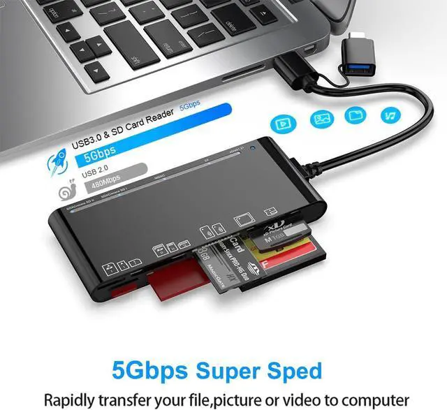 Alt view image 4 of 7 - Jansicotek 7-in-2 Card Reader USB 3.0/USB C Card Hub Adapter 5Gbps Read 5 Cards Simultaneously CF, CFI, TF, SDXC, SDHC, SD, MMC, Micro SDXC, Micro SD, Micro SDHC, MS, UHS-I (Black)