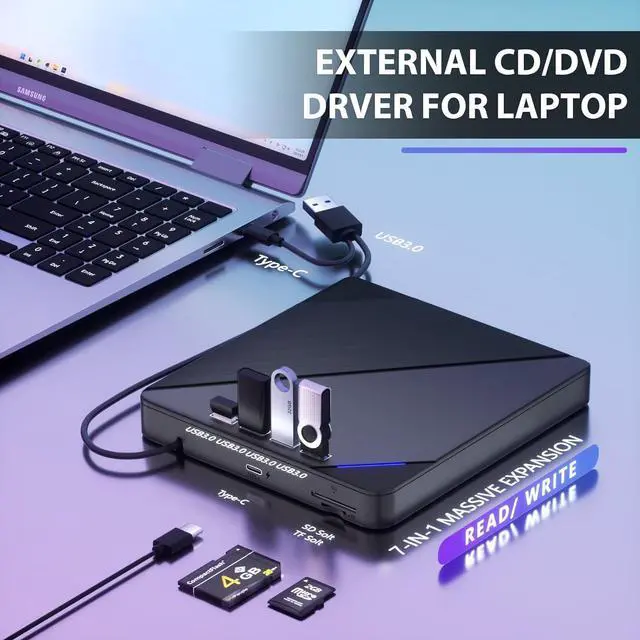 Alt view image 2 of 7 - Jansicotek 7 in 1 External CD/DVD Drive,USB 3.0 and Type-C Disc Burner Player Reader Writer,Slim and Portable CD DVD +/-RW Optical Drive for PC Laptop Desktop MacBook Mac Windows Linux OS