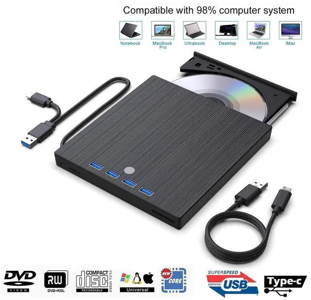 Main image of Jansicotek External CD/DVD Drive 9-in-1 , with USB-C and SD/TF Card Slots, USB 3.0&Type C CD/DVD Player for Laptop Portable CD/DVD Burner for PC Mac Book Supports Windows 11/10/8/7 Linux macOS