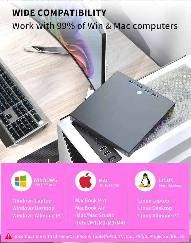 Alt view image 5 of 7 - Jansicotek External CD/DVD Drive 9-in-1 , with USB-C and SD/TF Card Slots, USB 3.0&Type C CD/DVD Player for Laptop Portable CD/DVD Burner for PC Mac Book Supports Windows 11/10/8/7 Linux macOS