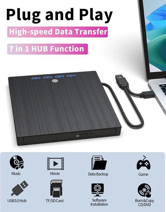 Alt view image 2 of 7 - Jansicotek 9-in-1 External CD/DVD Drive for Laptop, DVD Player for Laptop Desktop with SD Card Reader Portable DVD/CD Drive for PCCD Burner Compatible with Windows XP/7/8/10/11, Linux Mac OS