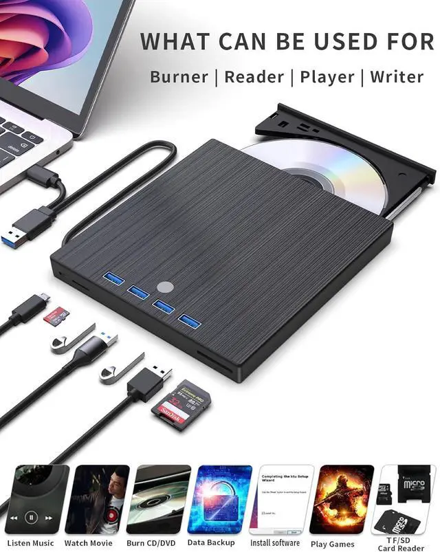 Alt view image 4 of 7 - Jansicotek External CD/DVD Drive for Laptop, Type-C CD/DVD Player USB 3.0&Type-C Portable Burner Writer Reader Compatible with Mac MacBook Pro/Air iMac Desktop Windows 7/8/10/XP/Vista (9 in 1)