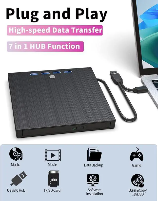 Alt view image 2 of 7 - Jansicotek External CD DVD Drive,9 in 1 USB 3.0 and Type-C CD DVD Burner Player Writer with 4 USB Ports and 2 TF/SD Card Slots,Portable Slim Optical Disk Driver for Laptop Mac PC Windows Linux OS