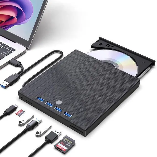 Main image of Jansicotek External CD DVD Drive,9 in 1 USB 3.0 and Type-C CD DVD Burner Player Writer with 4 USB Ports and 2 TF/SD Card Slots,Portable Slim Optical Disk Driver for Laptop Mac PC Windows Linux OS