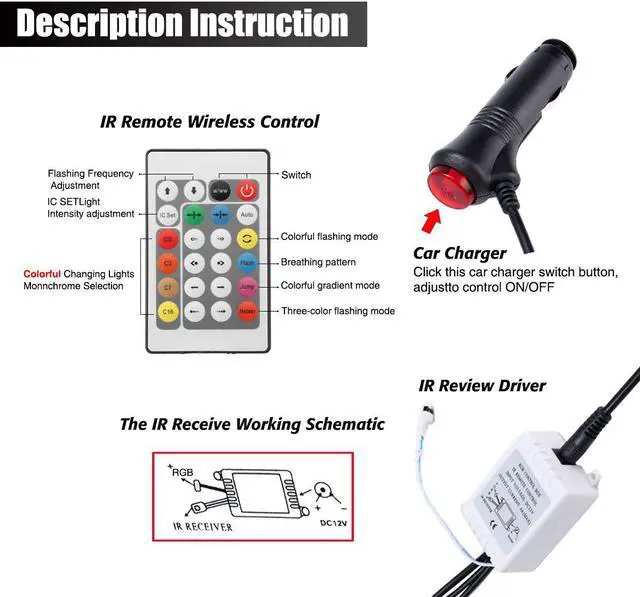 Alt view image 3 of 7 - Jansicotek 4x 12-Color 36-LED Car LED Interior Atmosphere Decorative Strip Lights, Glow Neon Floor Decoration Underdash Lighting Lamp Kits, with IR Wireless Remote Control & Car Charger DC 12V