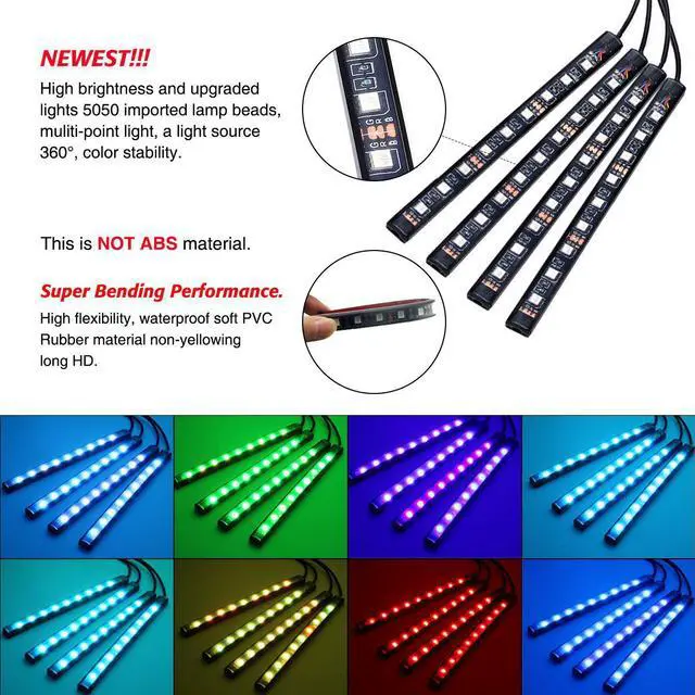 Alt view image 6 of 7 - Jansicotek 4x 12-Color 36-LED Car LED Interior Atmosphere Decorative Strip Lights, Glow Neon Floor Decoration Underdash Lighting Lamp Kits, with IR Wireless Remote Control & Car Charger DC 12V