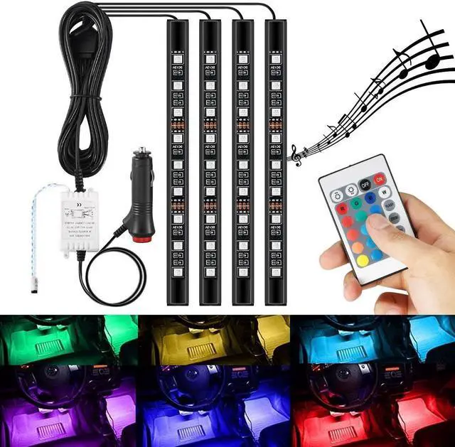 Main image of Jansicotek 4x 12-Color 36-LED Car LED Interior Atmosphere Decorative Strip Lights, Glow Neon Floor Decoration Underdash Lighting Lamp Kits, with IR Wireless Remote Control & Car Charger DC 12V