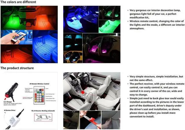 Alt view image 6 of 7 - Jansicotek 4in 1 RGB Car Interior Floor Decoration Atmosphere Colorful Neon Light Lamp 36 LED with Wireless Remote Control