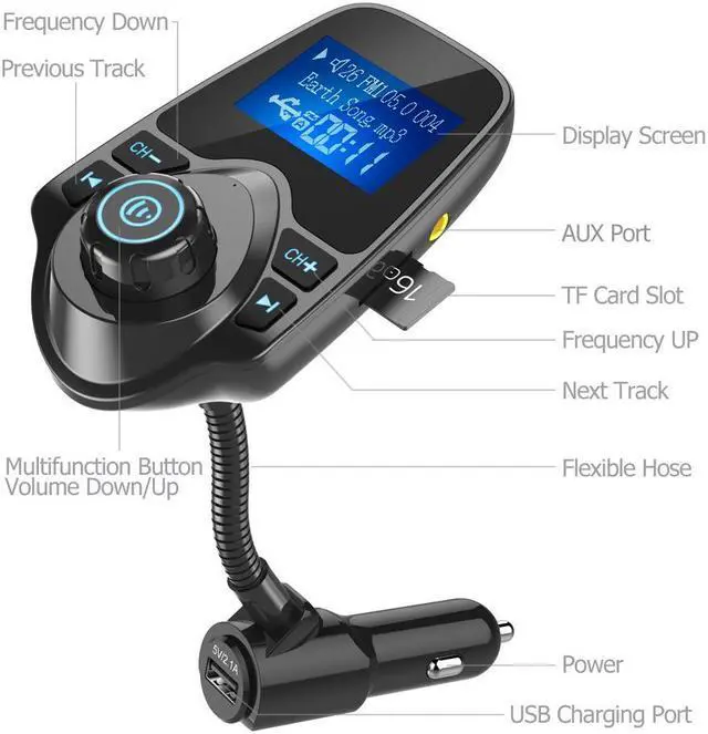 Alt view image 2 of 7 - Jansicotek Wireless In-Car Bluetooth FM Transmitter Radio Adapter Car Kit with 1.44 Inch Display and USB Car Charger