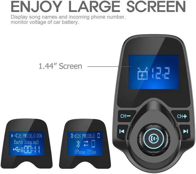Alt view image 3 of 7 - Jansicotek Wireless In-Car Bluetooth FM Transmitter Radio Adapter Car Kit with 1.44 Inch Display and USB Car Charger