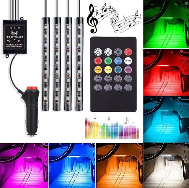 Main image of Jansicotek Automotive LED Interior Lights4Pcs 36LEDs Lights DC12V Car Multi-color Music RGB LED Interior Lighting, Car Decorative Lights, With Sound-activated, Remote Controller