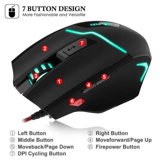 Alt view image 5 of 7 - Zelotes 7200 DPI Gaming Mouse,7 Buttons,Multi-Modes LED Lights, 7 Adjustable DPI Levels, 600/1000/1600/2400/3200/5400/7200DPI USB Optical Wired Mice for Gamer PC MAC Laptop