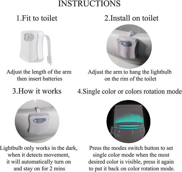Alt view image 6 of 7 - Motion Sensor Toilet Light, Body Auto Motion Activated LED Toilet Seat Bowl Night Light Lamp 8-Color Changing Tolit lights (2 Pack)