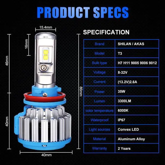 Alt view image 3 of 7 - H11/H8/H9 LED headlight bulbs kit apply to car headlamp and fog-front (Attention model) 70W 7200LM 6000K White 2 Year Warranty