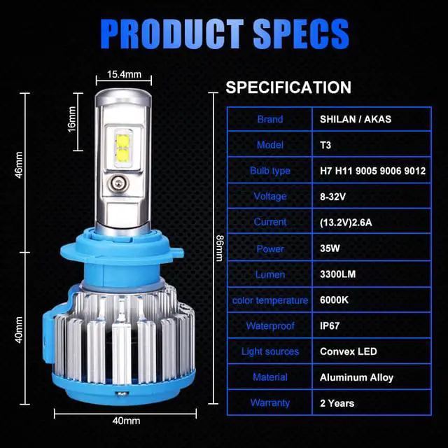 Alt view image 2 of 7 - H7 LED headlight bulbs kit apply to car headlamp and fog-front (Attention model) 70W 7200LM 6000K White 2Year Warranty