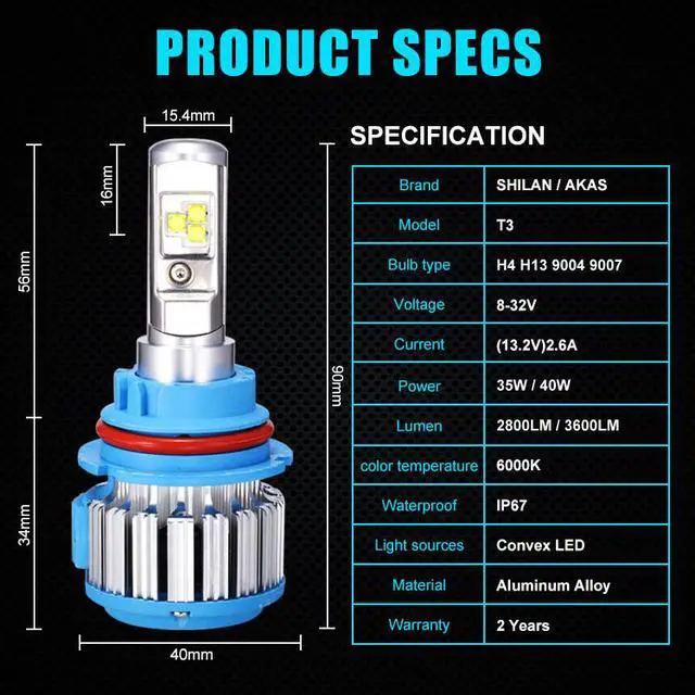 Alt view image 2 of 7 - 9007/HB5 Hi/Lo LED Headlight Bulbs Car Light Conversion Kit Convex LED Chilps 70W 7200LM 6000K Cool White - 2 Year Warranty