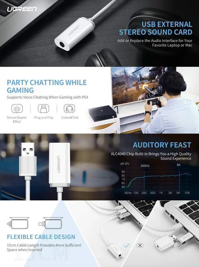 Alt view image 7 of 8 - Jansicotek Upgrade 3.5mm External USB Sound Card USB Audio Adapter USB to 3.5mm Aux Converter for Headset, PC, Laptops, Desktops, PS4, Windows, Mac, and Linux White