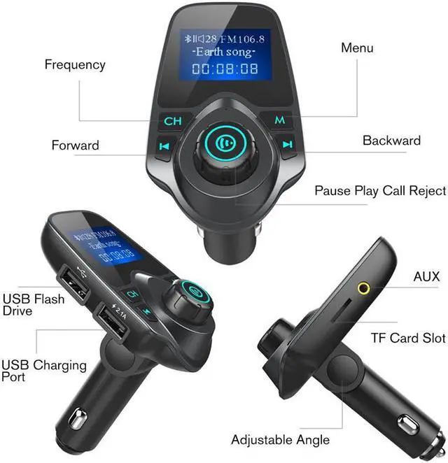 Alt view image 4 of 8 - Jansicotek Bluetooth FM Transmitter for Car, Wireless Radio Transmitter Adapter with Power Off Function, Hands-Free Car Kit Charger, 1.44'' LCD Diaplay, Music Player, 2 USB Ports, AUX In/Out, TF Card