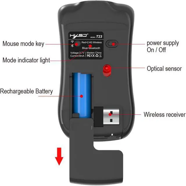 Alt view image 3 of 7 - HXSJ Wireless Gaming Mouse, Unique Silent Click, Bluetooth + 2.4 G wireless Mice, 1600DPI for PC Computer Laptop Office - Black