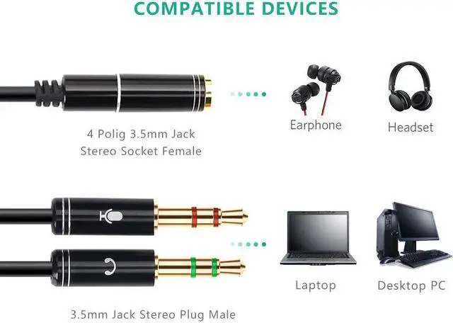 Alt view image 3 of 7 - Jansicotek  (2 Pack) Headphones Y Cable Splitter Adapter for Computer, 3.5mm Female to 2 Male Premium Gold-Plated Corrosion-Resistant Audio Mic Y Cable for Headset Connecting to PC- 1Ft/30cm, Black
