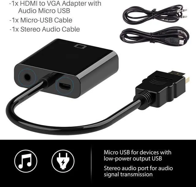 Alt view image 4 of 7 - Jansicotek HDMI to VGA Converter, Gold-Plated HDMI to VGA Adapter (Male to Female) with 3.5mm Audio Port & Micro USB Charging Port for Computer, Desktop, Laptop, PC, Monitor, Projector, HDTV - Black