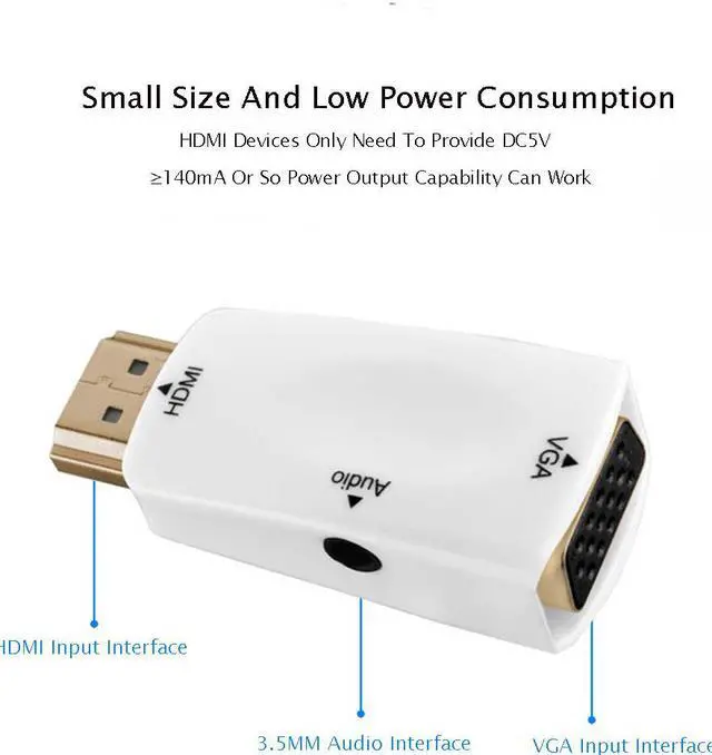 Alt view image 3 of 7 - Jansicotek HDMI to VGA Converter Gold-Plated Active HD 1080P Female to Female Adapte with 3.5mm Audio  for Computer, Desktop, Laptop, PC, Monitor, Projector, HDTV, Raspberry Pi, Xbox and More - White