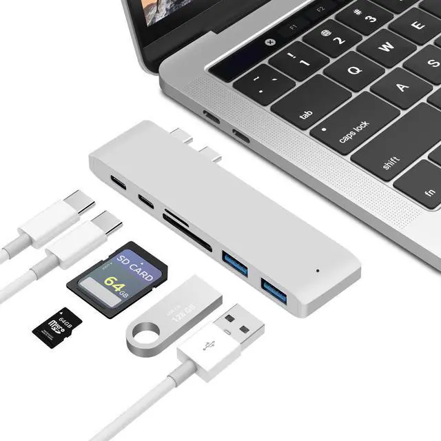 Alt view image 2 of 7 - Jansicotek USB C Hub, 6 in 1 Type C Adapter, Compatible with MacBook air 2016/2017/2018,Apple MacBook Pro 2018, 2017, 2016, 40Gbps, 2 USB 3.0 Ports, 1 USB 3.1 Port, SD/Micro Card Reader - Silver