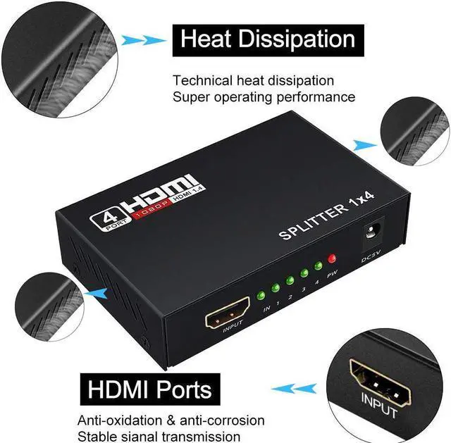 Alt view image 5 of 7 - Jansicotek 4K 1x4 HDMI Splitter (with Power Supply), 1 in 4 Out Port Powered V1.4b 4K@30Hz Video Converter with Full Ultra HD 1080P, 4Kx2K and 3D Resolutions (1 Input to 4 Outputs)