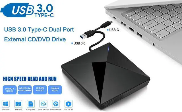 Main image of Jansicotek USB 3.0 & USB-C External DVD Drive, Portable CD DVD RW Drive Burner Writer Optical Player for USB Type-C Windows Laptop Mac MacBook Pro Air iMac, Black