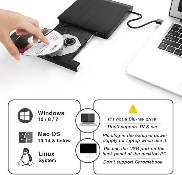 Alt view image 6 of 8 - Jansicotek External CD DVD Drive, USB3.0 Superdrive for PC Laptop Compact CD DVD+/- RW Burner Writer Optical Drive Support Win XP/7/8/10/2003/Vista/Linux/Mac 10 OS (Black)