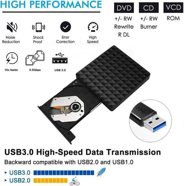 Alt view image 2 of 7 - Jansicotek Diamond Pattern External DVD CD Drive for Laptop USB 3.0 External DVD-RW Player CD Drive, Optical Burner Writer Rewriter for Mac Computer Notebook Desktop PC Windows 7/8/10, Slim Black
